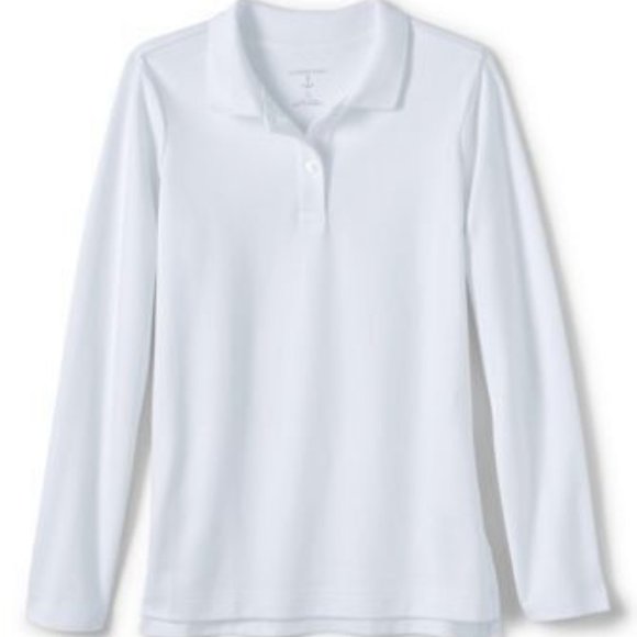 NWT LANDS' END GIRLS LONG SLEEVE FEMININE FIT INTERLOCK POLO SHIRT WHITE M & L - Picture 1 of 10
